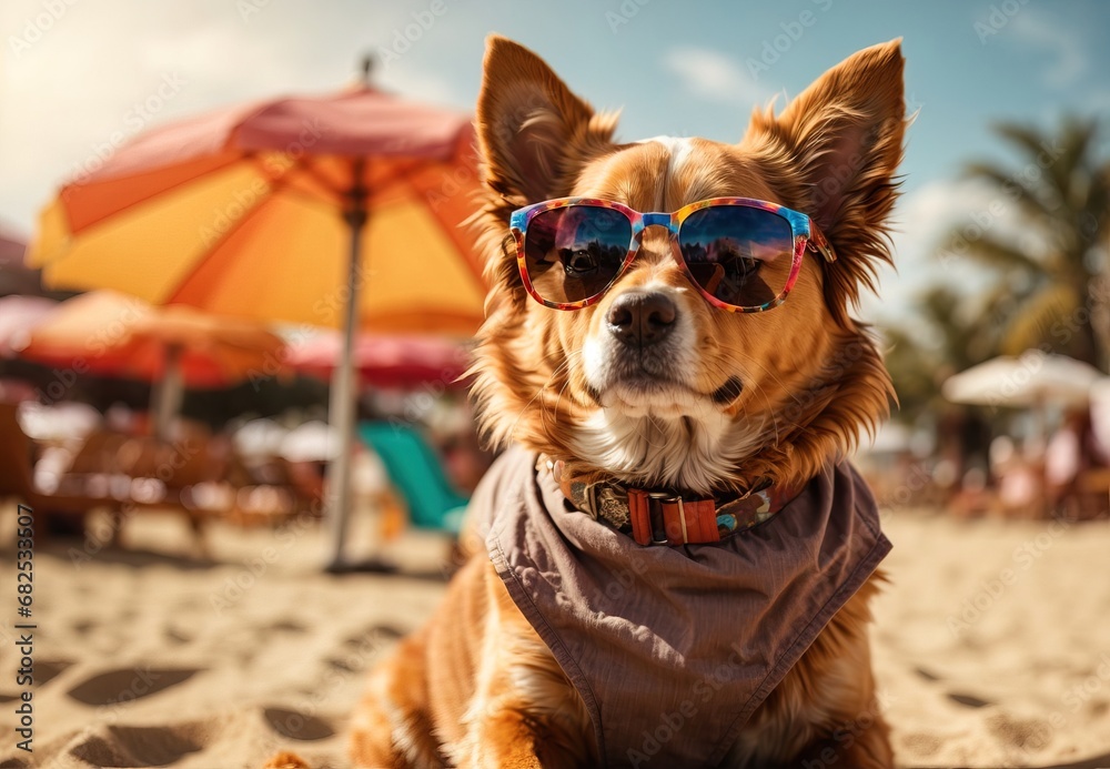 Dog wearing sunglasses on the beach, animal model