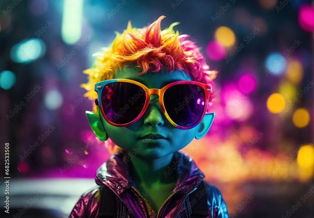 a colorful cute alien wearing sunglasses, fantasy splash