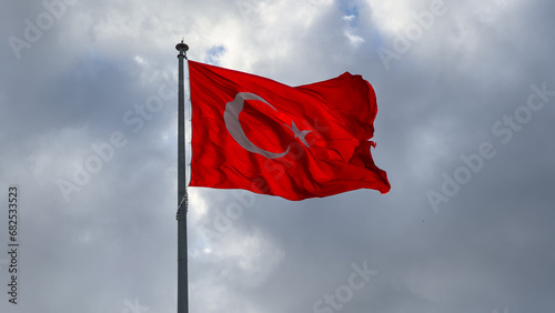  Turkish flag waving in blue cloudly sky. 19 mayis, 23 nisan, 15 temmuz, 30 agustos, 29 ekim, 10 kasim. Turkish nation. 19 may, 23 april, 15 july, 30 august, 29 october.