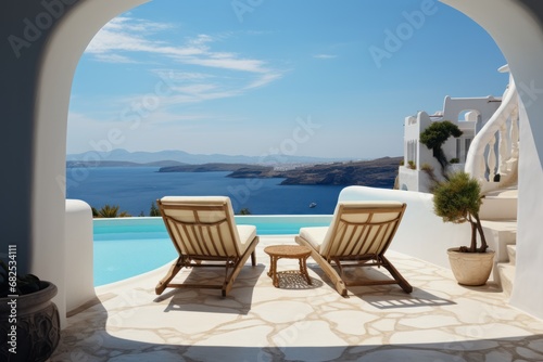 Luxury hotel. Seashore. Two Beach Chairs on Seashore. Deckchair. Vacation Concept with Copy Space. Mediterranean.