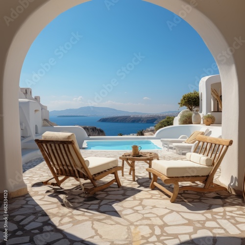 Beautiful view of the sea from the terrace of luxury mediterranean style villa. Seashore. Two Beach Chairs on Seashore. Deckchair. Vacation Concept with Copy Space. Mediterranean. © John Martin
