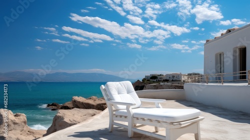 Beautiful view of the sea from the terrace of luxury mediterranean style villa. Seashore. Two Beach Chairs on Seashore. Deckchair. Vacation Concept with Copy Space. Mediterranean.