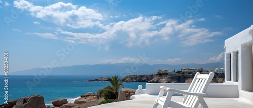 Beautiful view of the sea from the terrace of luxury mediterranean style villa. Seashore. Two Beach Chairs on Seashore. Deckchair. Vacation Concept with Copy Space. Mediterranean.