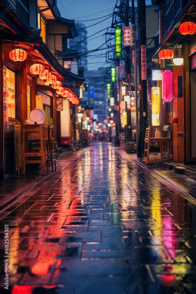 Japanes neon street at night. Wet and long empty street.