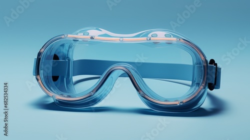 Close-up of safety goggles on a plain soft blue surface AI generated illustration