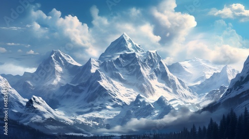 A stunning alpine landscape with towering snow-covered peaks.