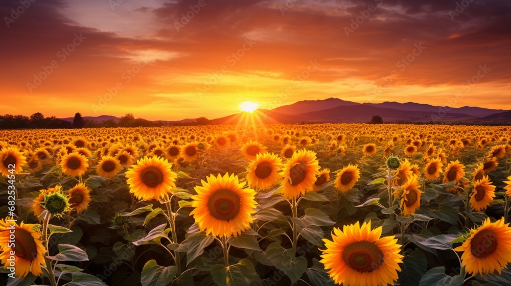 A sunflower field at sunset, with the golden blooms bathed in the warm, golden light.