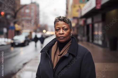 portrait of middle aged serious african american woman standing on the street in the city photo