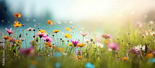 In the vast grassland of the meadow, under the radiant sunlight of summer, colorful petals dance in harmony, a concept of nature's beauty revealed in the green embrace of the environment.