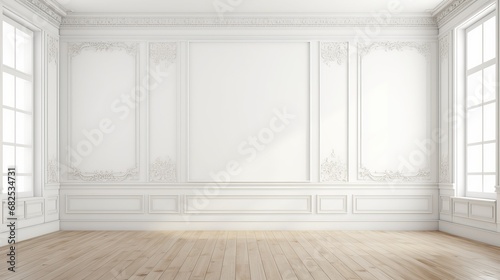 Crisp white room with a hardwood floor for a furniture ad mockup AI generated illustration