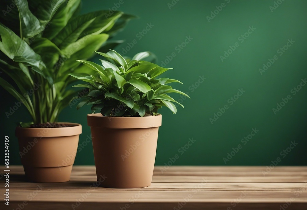 Brown wooden table with potted plants and green wall background High quality photo