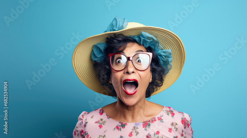 Middle age woman in grey hair and hat standing on yellow background celebrating crazy and amazed for success with arms raised screaming excited. screaming excited. winner.