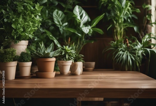 Brown wooden table with potted plants and green wall background High quality photo