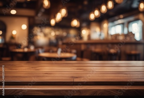Empty wood table top of round on blur restaurant background product display montage photo