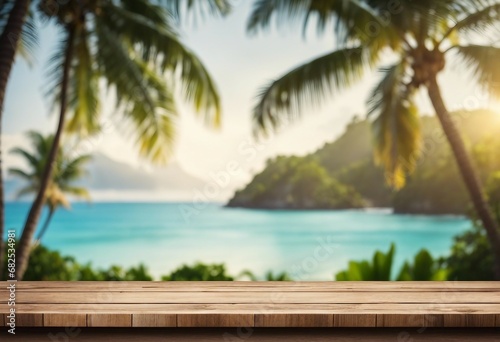 Empty wooden table and blurred tropical background For product display montage High quality photo