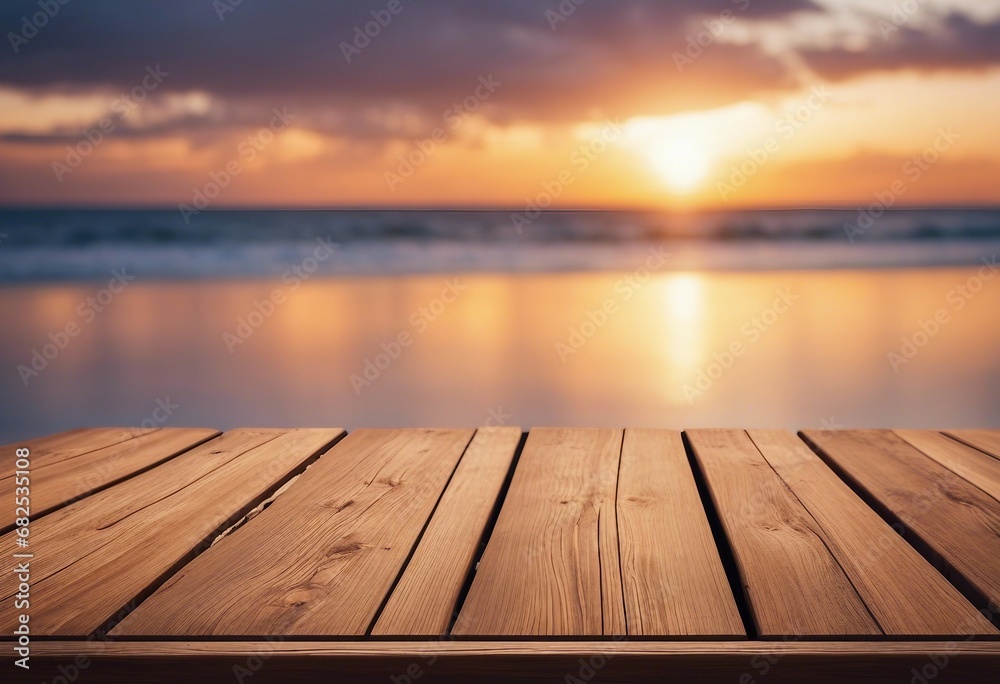 Wooden table top on blur beach cafes background at sunset - can be used for display or montage your product