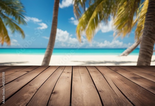 Wooden table top on blur tropical beach background - can be used for display or montage your product