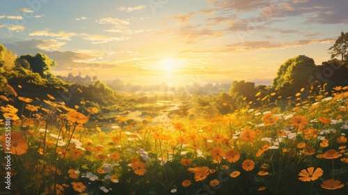 A sunlit meadow adorned with cheerful marigold blossoms, radiating warmth and joy.