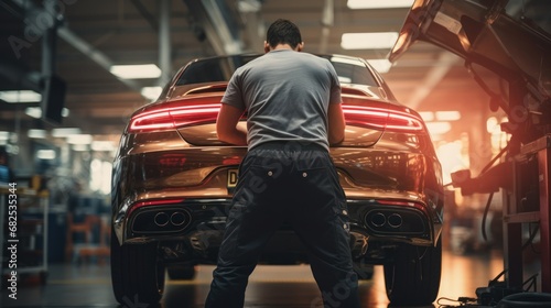 skilled mechanic is repairing a car in the garage. Providing repair services, the car mechanic is hard at work in the automotive service center."