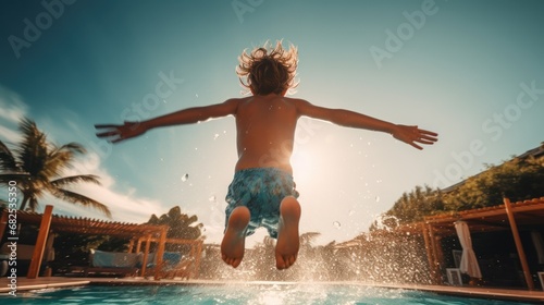 Boy jumping into swimming pool on sunny day.
