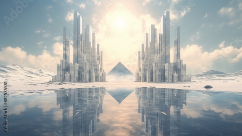 A symmetrical arrangement of crystalline structures in a surreal dreamscape.