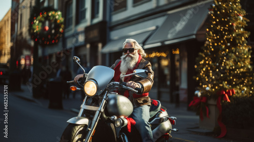 Concept of using mini-mobiles. Biker in the style of Santa Claus on a motorcycle