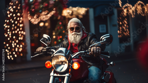 Modern Santa in sunglasses on motorcycle on Christmas holiday street