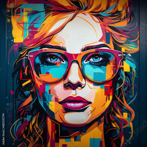 Colorful portrait of a young beautiful girl in retro glasses. Vector illustration.