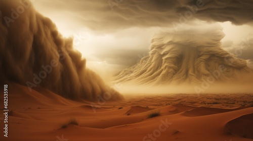 A towering desert sandstorm approaching, engulfing the landscape in dust. © Mustafa_Art