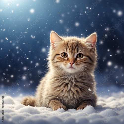 Winter idyll: cat, Fairytale snow. Winter night. Cozy illustration for projects. Generated AI