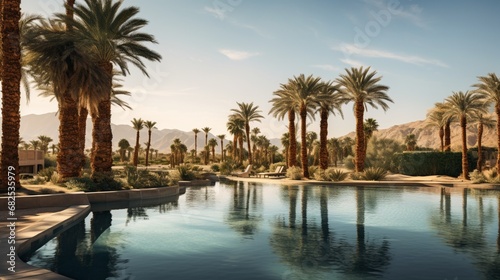 A tranquil desert oasis reflecting the surrounding palm trees in its pool.
