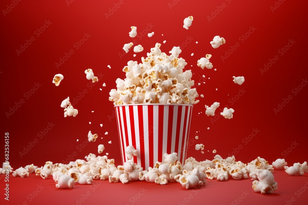 Popcorn in red and white cardboard box is shaking, popcorn spreading out of the box, popcorn box, popcorn, Flying popcorn from paper striped bucket isolated on background