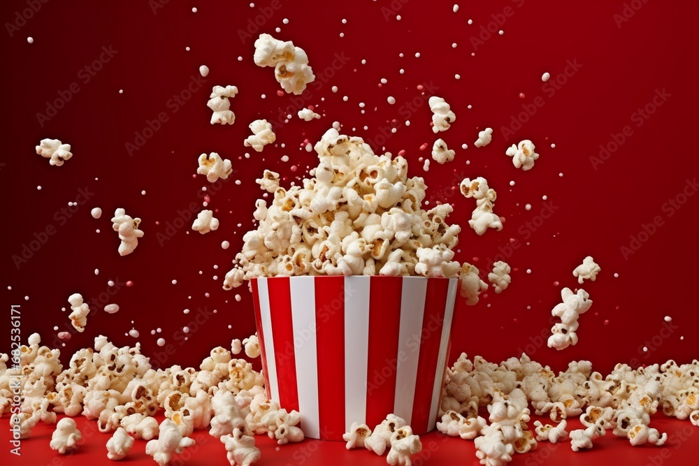 Popcorn in red and white cardboard box is shaking, popcorn spreading out of the box, popcorn box, popcorn, Flying popcorn from paper striped bucket isolated on background