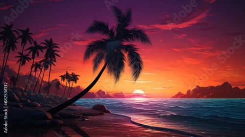 Incredibly beautiful sunset on the sea with palm trees