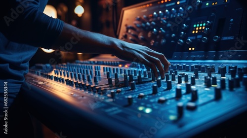 In a sound recording studio, a skilled sound engineer is operating the mixing desk.
