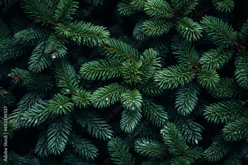 Branches of evergreen fir trees. Christmas background. Winter, holidays, nature, snow, copy space.