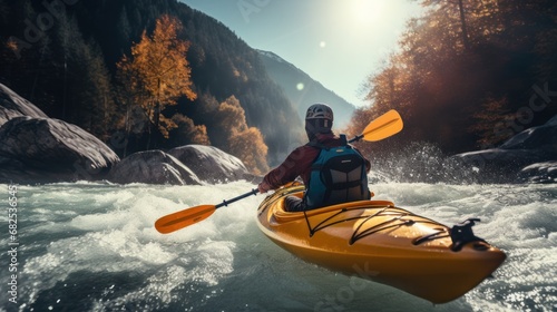 Kayaker navigating through a rugged mountain river.