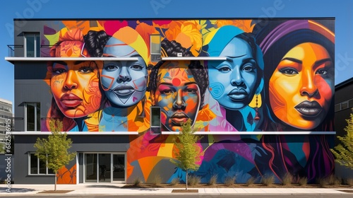 A vibrant mural of diverse faces on a city building, promoting unity and acceptance.