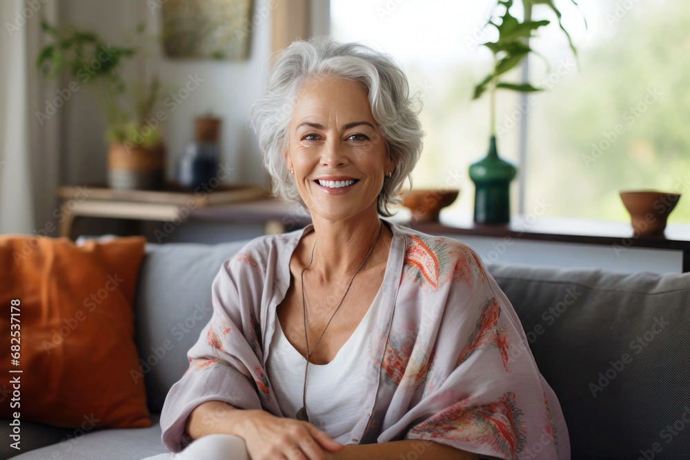 Single smiling middle aged woman sitting on sofa at home in living room Single smiling middle aged woman sitting on sofa at home in living room