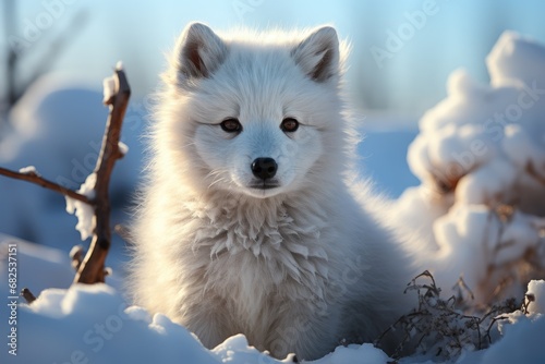 Arctic fox in snowy tundra. Arctic animals in natural habitat. wildlife animals