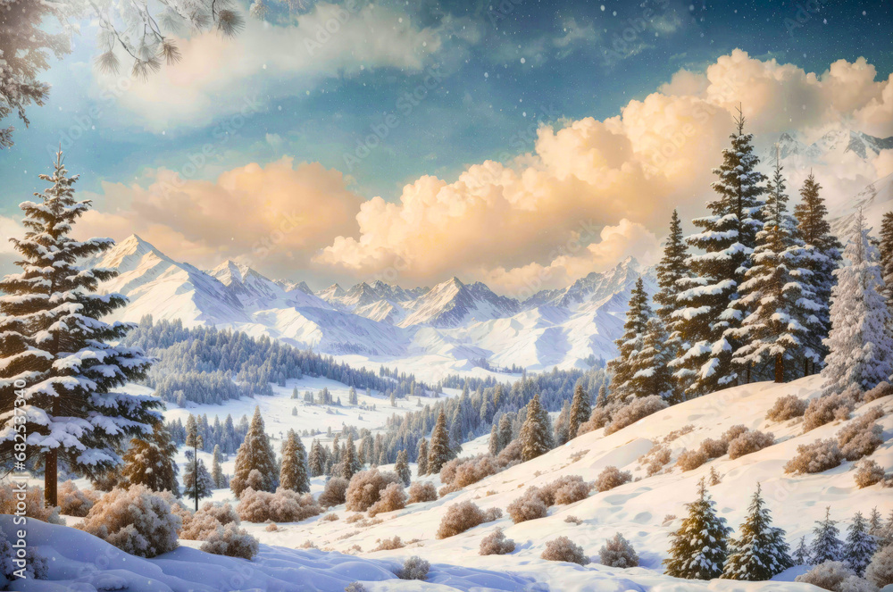 Winter landscape with mountains and houses, snow. Winter card. Generative AI Winter landscape with mountains and houses, snow. Winter card. Generative AI