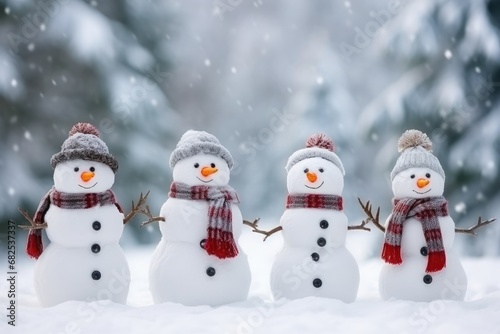 Many snowmen standing in winter Christmas forest, Merry snowmen are standing in a snowy meadow. Merry Christmas and happy New Year greeting card