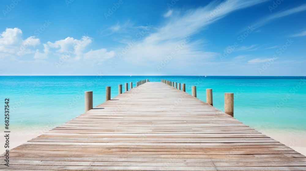 A wooden pier stretching out into the calm waters of a serene beach.