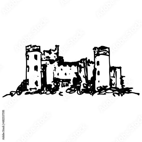 Malachide castle in Ireland. Historical Irish medieval architectural monument. Hand drawn linear doodle rough sketch. Black silhouette on white background.