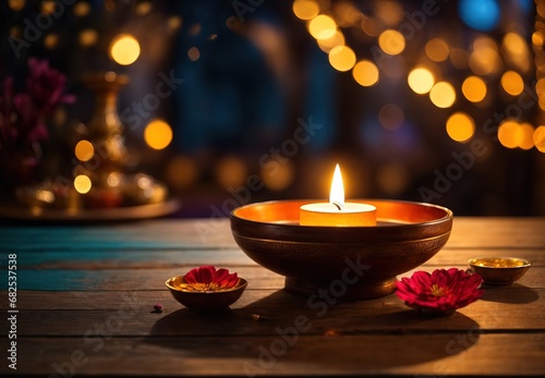 Burning candles on a table, Diwali celebration background