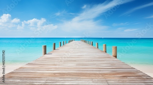 A wooden pier stretching out into the calm waters of a serene beach. © Mustafa_Art