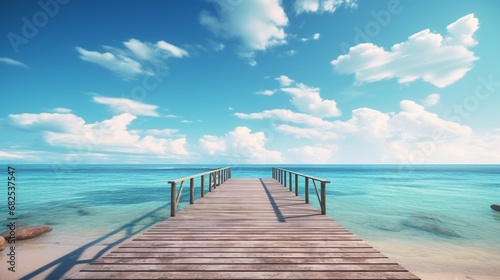 A wooden pier stretching out into the calm waters of a serene beach. © Mustafa_Art