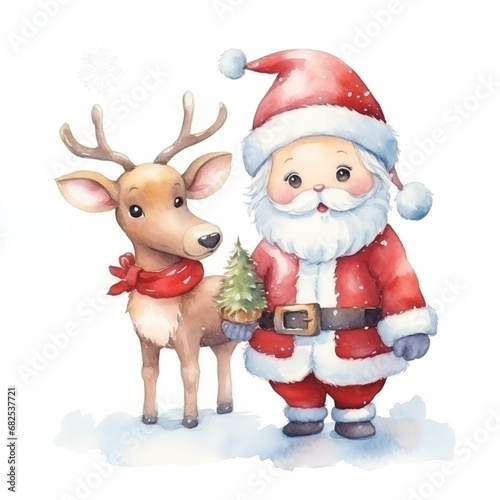santa claus and reindeer in watercolor style 