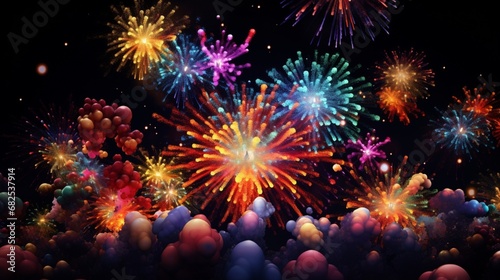 An explosion of neon fireworks against a velvet black backdrop.