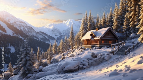 An idyllic snow-covered alpine cabin surrounded by dense forest.